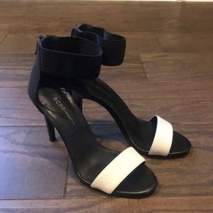 BCBG black and white elastic heels